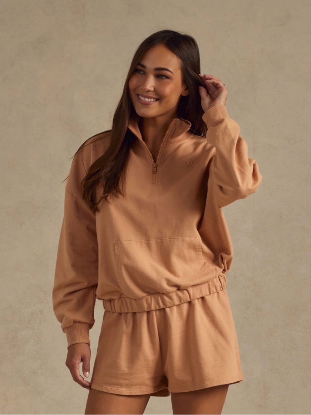 Rylee + Cru Women’s Small Half Zip Sweatshirt Melon French Terry Smiley